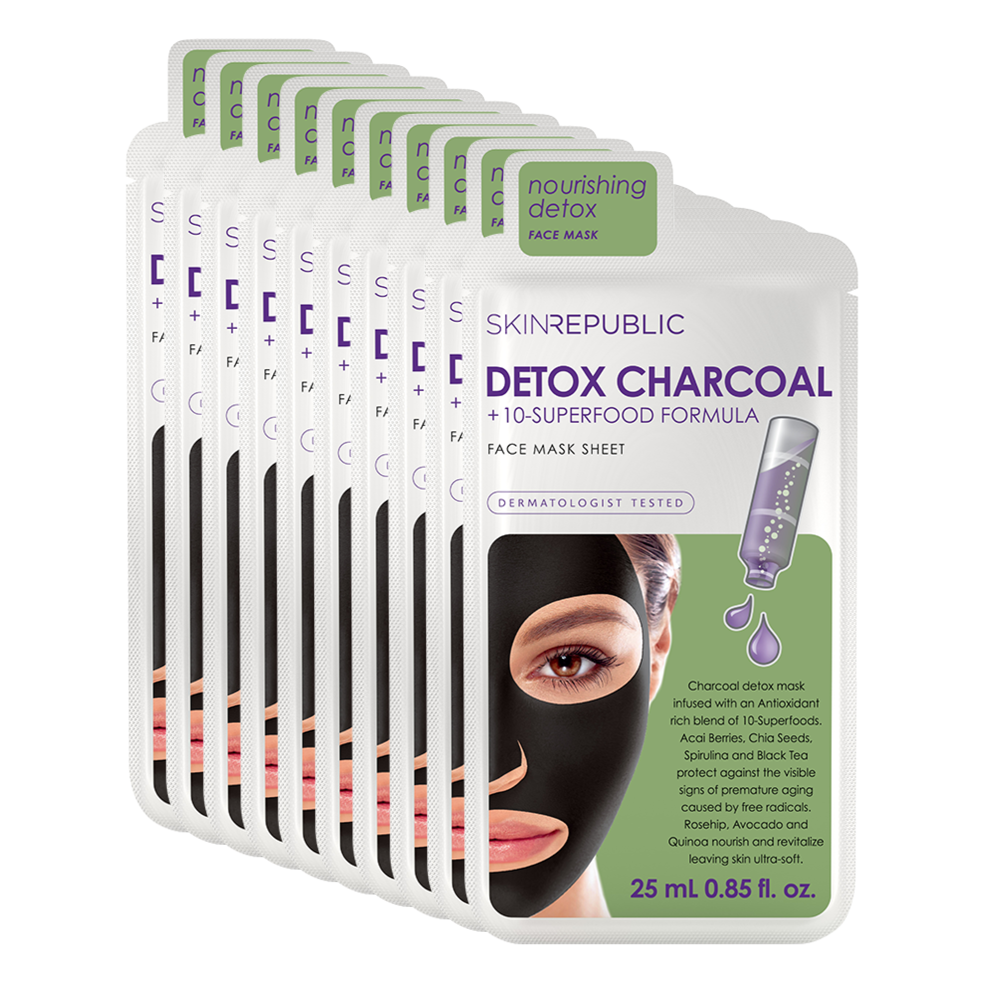 Detox Charcoal + 10-Superfood Formula Face Mask - 10 Pack